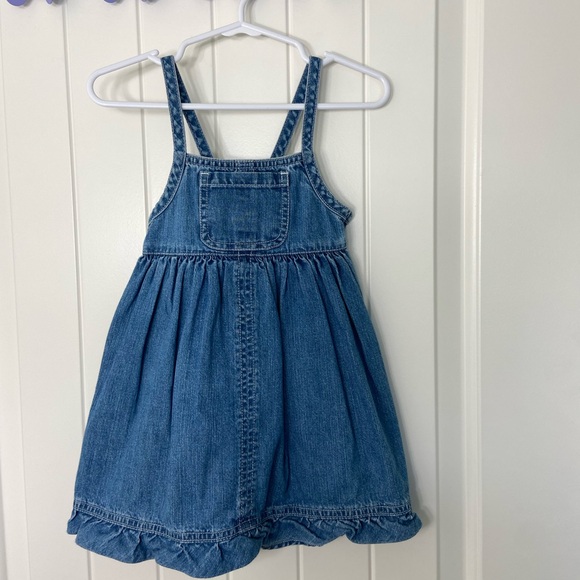 EUC Old Navy baby girl’s medium wash blue denim ruffle overall dress 12-18 month - Picture 1 of 7